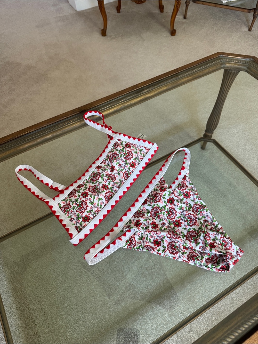 Floral Red & Green Bikini Set with Zigzag Trim